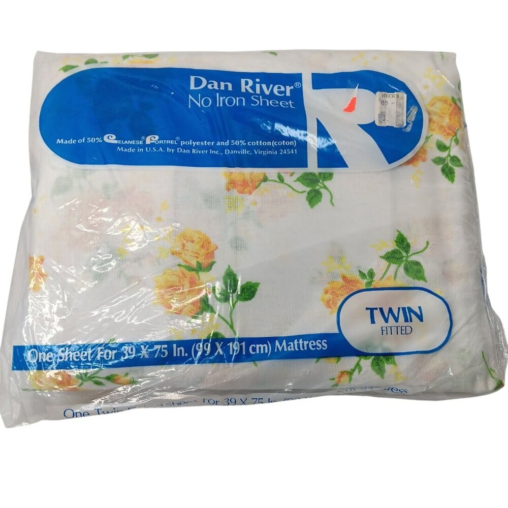 NOS Vintage Dan River Twin Fitted Sheet White Yellow Roses No Iron Fortrel NEW